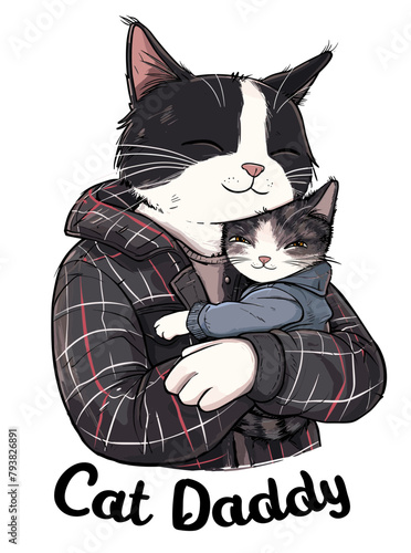 Daddy cat hugs cute kitten. For t-shirt design, poster, banner and other design.
