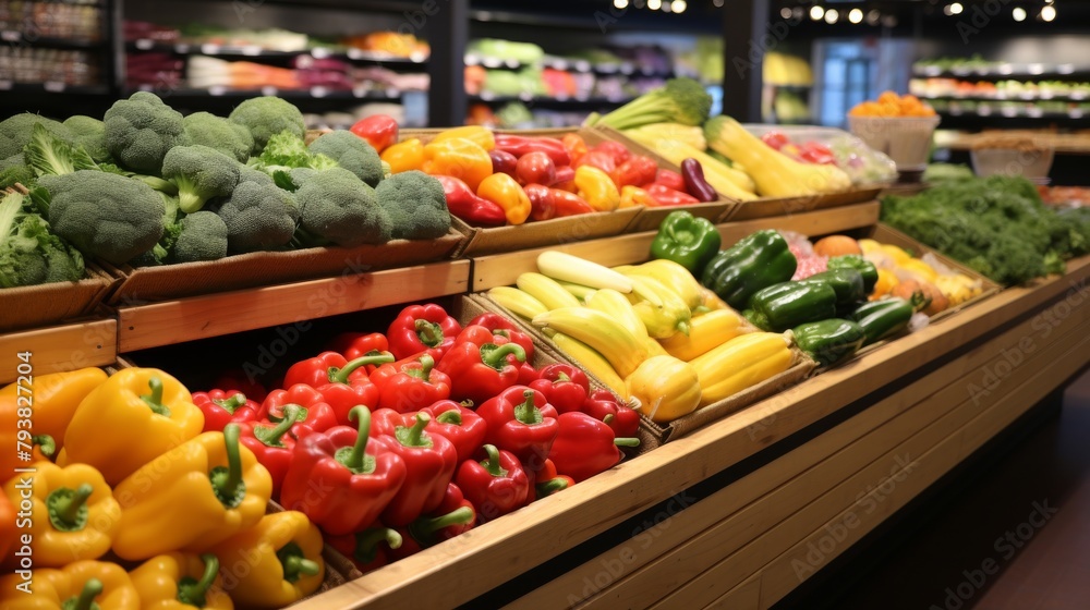 A vibrant array of colorful vegetables fills the shelves of a grocery store produce section