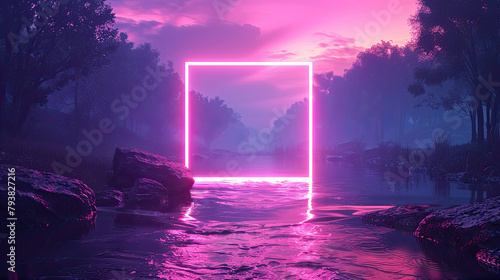 pink box frame on the stream with fog