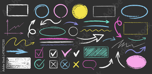 Set of colorful hand drawn grunge doodle curved charcoal, chalk arrows, stamp, abstract shapes on black background. Scribble symbols of direction pointers, swirl arrow elements for infographic 
