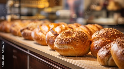 A row of freshly baked bread rolls resting on a countertop