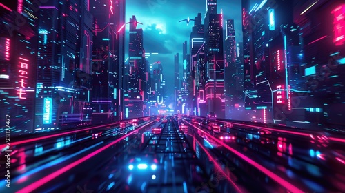 Futuristic cyber city  future technology  flying cars  glowing neon lights  very advanced appearance  lights  speed images