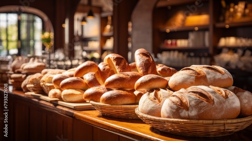 A row of assorted breads, each carefully placed on a rustic wooden counter