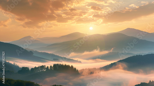 Clouds over hills and mountains at foggy sunrise. 