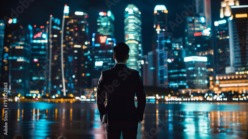 Buisnessman wearing black suit in office at night  cityscape