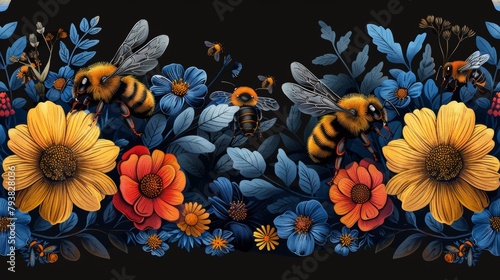 Hand drawn bees, honeycombs, linden leaves and blooming meadow flowers elegantly laid out on a dark background. Ideal for textiles or wallpaper. photo