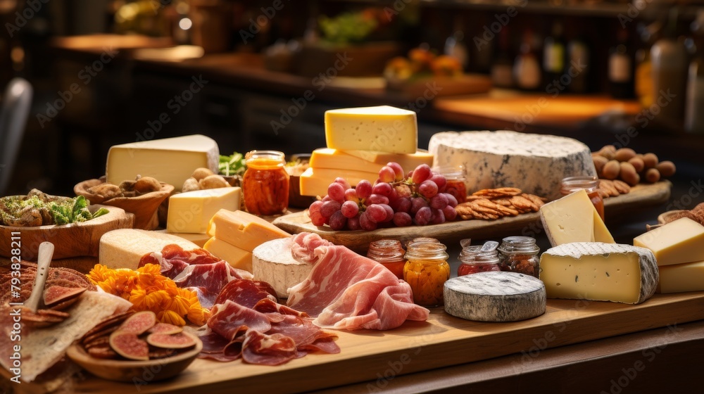 Assorted cheeses and meats displayed on a wooden table