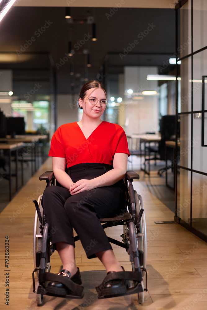 A modern young businesswoman in a wheelchair is surrounded by an inclusive workspace with glass-walled offices, embodying determination and innovation in the business world A modern young businesswoman in a wheelchair is surrounded by an inclusive workspace with glass-walled offices, embodying determination and innovation in the business world