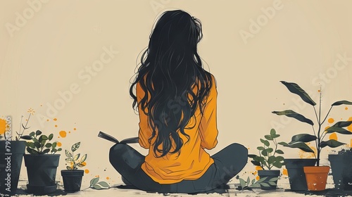 This illustration depicts a long-haired woman sitting among potted plants and notification symbols that show zero unread messages. A concept of loneliness and solitude on the internet is conveyed in