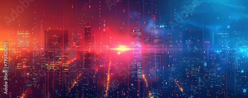 Artistic depiction of a city skyline overlaid with digital data connections  symbolizing the fusion of technology and urban life