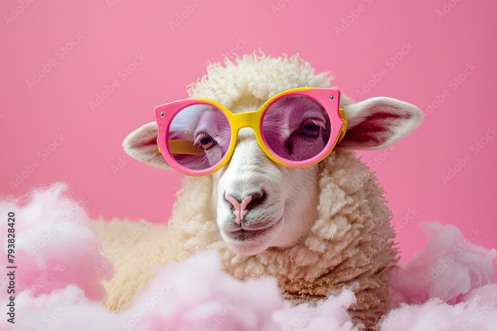 sheep wearing glasses on pink background 