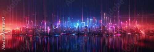Smart city and abstract dot point connect with gradient line and aesthetic Intricate wave line design , big data connection technology concept, night city banner with big data