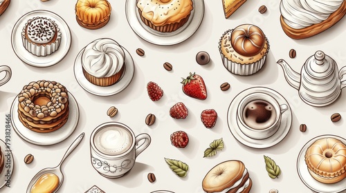 Decorative seamless pattern featuring coffee brewing utensils and sweet desserts. Modern illustration in linear style for wrapping paper, textile prints, wallpapers. photo