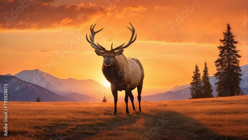  A bull elk walking into a deep orange sunset5100 © Saima