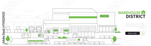 Warehouse district - modern thin line design style vector banner on white urban background. Composition with trucks parked and in motion. Logistics, delivery, long haul and cargo transportation idea