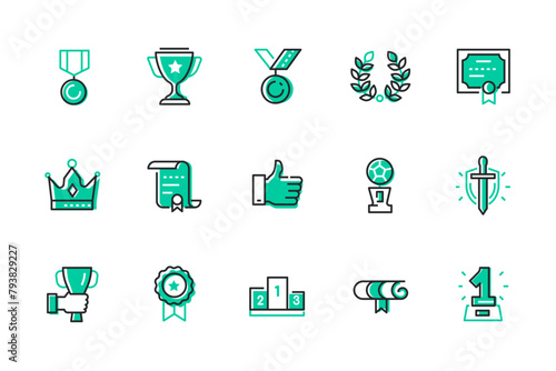 Awards and prizes - set of line design style icons isolated on white background. High quality images of medal, cup, diploma with victory, laurel wreath, crown, places of honor and championship