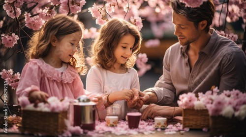 A man and two little girls are happily sitting at a table, engaging in conversation and enjoying each others company