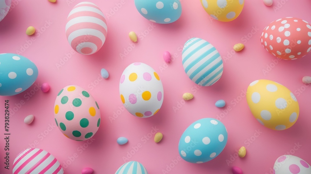 Colorful Easter Eggs with Polka Dots on Pink Background in Spring Decoration Concept