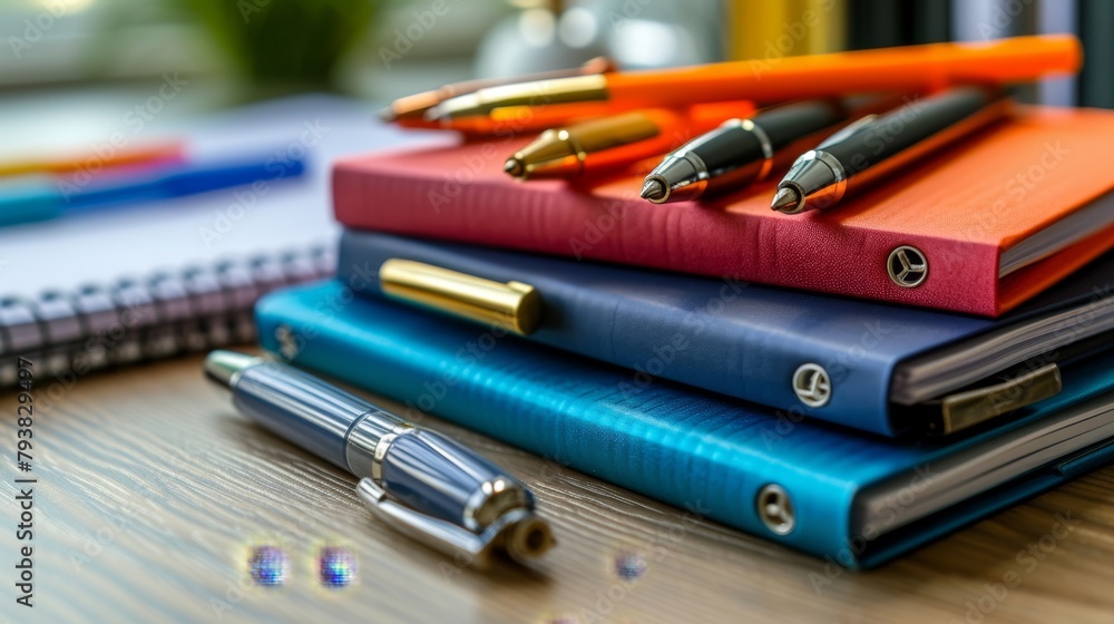 stack of notebooks and pens on a wooden table. stack of notebooks and pens on a wooden table.