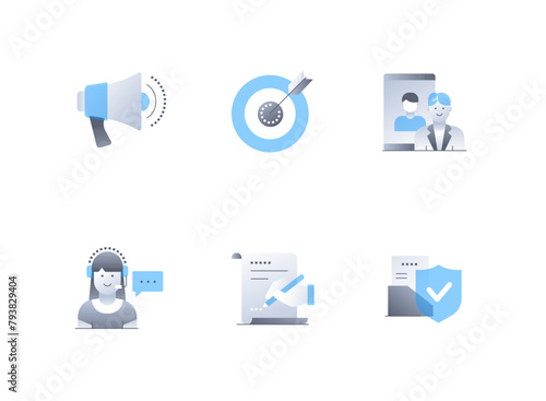 Business communication and information - flat design style icons set. High quality colorful images of loudspeaker, target, video call, call center manager, document signing, data and file protection