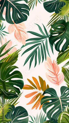 Vibrant tropical leaves in shades of green and pink create an artistic jungle atmosphere  ideal for backgrounds or wallpapers.