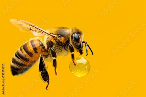 bee and jar of honey on a yellow background. Macro. Close-up