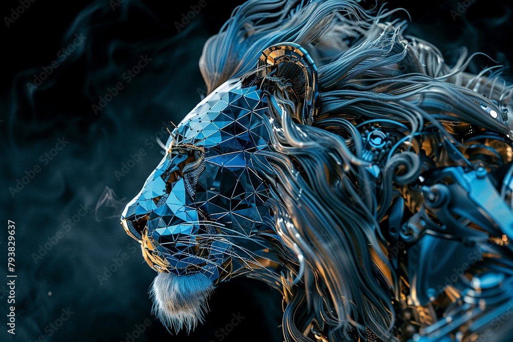 Photograph a futuristic lion with metallic features exuding strength and dominance in the world of animal artificial intelligence Photograph a futuristic lion with metallic features exuding strength and dominance in the world of animal artificial intelligence