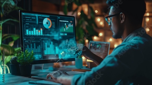 An analyst of growth sales data graphs on contemporary interface icons is a businessman. internet-based digital marketing Financial and investment business planning and development.