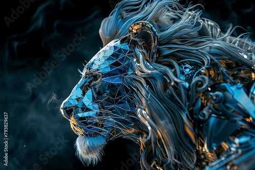 Photograph a futuristic lion with metallic features exuding strength and dominance in the world of animal artificial intelligence