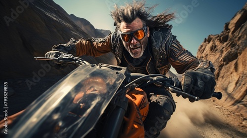 Satirical photo of a chicken dressed as a biker, complete with jacket and gloves, riding through a desert landscape , documentary, cinematic lighting, motion blur, angle camera photo