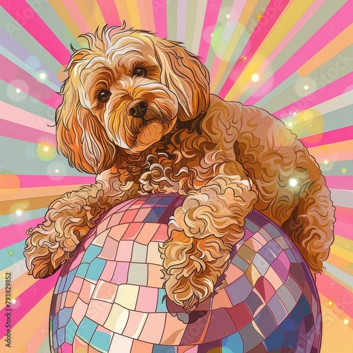 Cute puppy dog on disco ball, AI generated