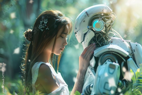 Capture the harmonious relationship between humans and AI in a visually striking and commercially viable imagecommercial use photo