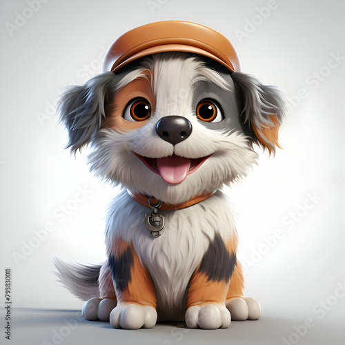 3D Render of a Puppy wearing an orange cap with a smile