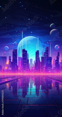 Night city with neon glow and vivid colors.