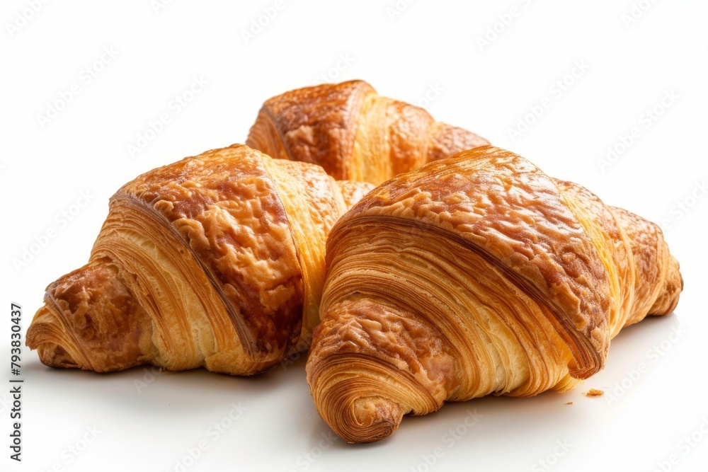 Three golden brown croissants on a white background.