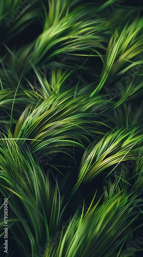 A closeup of green grass texture  with a dark background  rendered in the style of Unreal Engine It features highdefinition images and is made up of soft lines and curves The green tone creates an atm