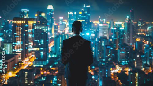 Buisnessman wearing black suit in office at night, cityscape