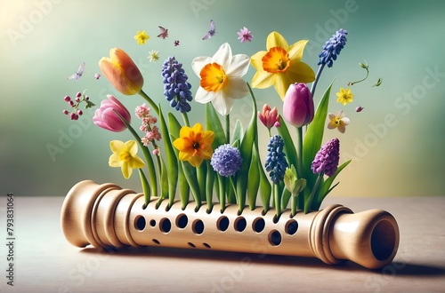 a recorder from which spring flowers are growing photo