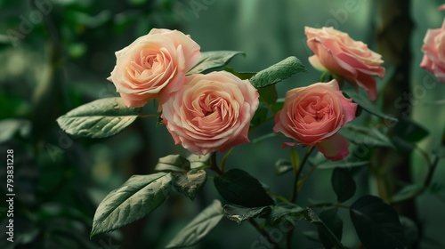 Elegant Floribunda roses against a backdrop of lush foliage.