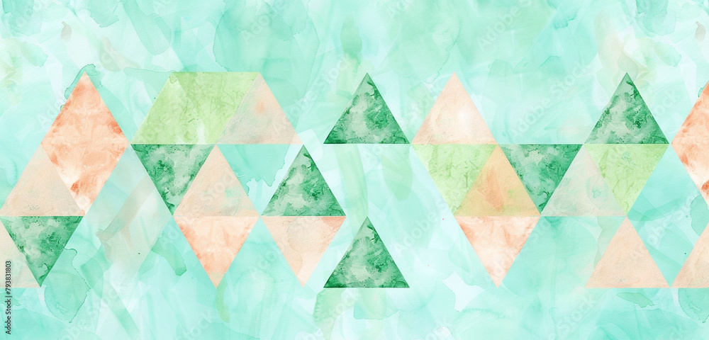 Refreshing mint and peach watercolor triangles blend on a turquoise base.