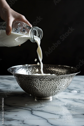 hand pouring milk from a bootle to a metal plate photo