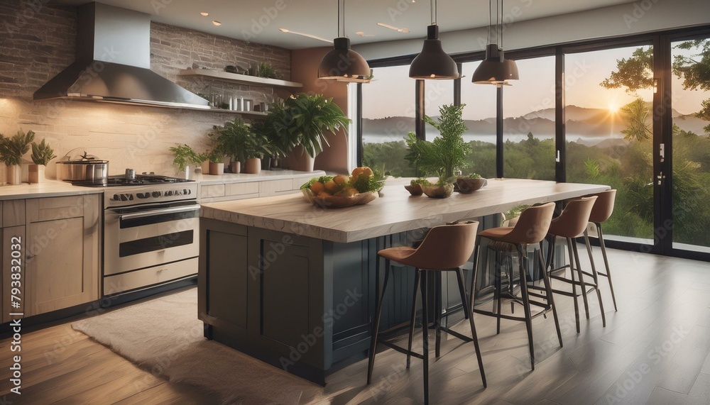 Warmth and Functionality: Cozy Kitchen Interior with Bar Island and Panoramic Window