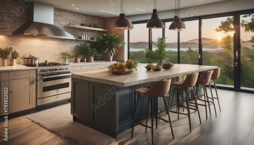 Warmth and Functionality: Cozy Kitchen Interior with Bar Island and Panoramic Window"