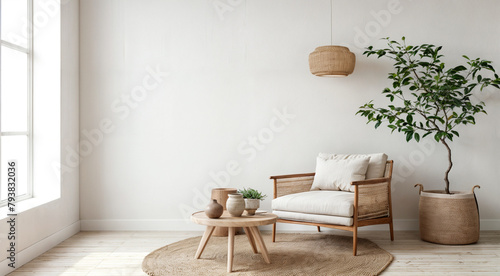 Minimalist nomadic interior background. Home mockup, minimalist simple room interior, wall mockup. View of modern scandinavian style interior with chair and trendy vase, Home staging and minimalism co
