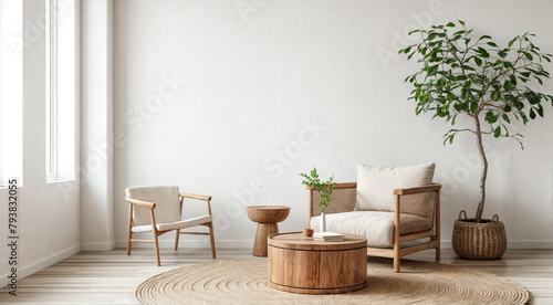 Minimalist nomadic interior background. Home mockup, minimalist simple room interior, wall mockup. View of modern scandinavian style interior with chair and trendy vase, Home staging and minimalism co