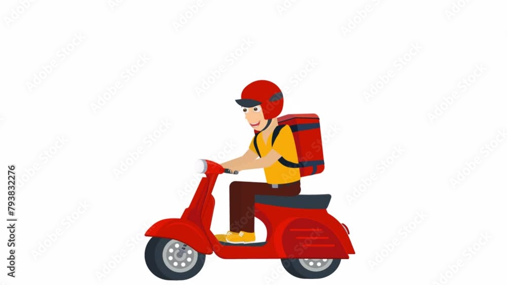 Delivery man on a scooter. Animation of the courier delivery service, alpha channel. Cartoon Delivery man on a scooter. Animation of the courier delivery service, alpha channel. Cartoon