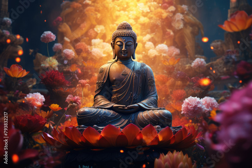 Buddha statue with lotus flower in the garden at night. Buddha Purnima. Vesak day. Buddhist Holiday background © maxa0109