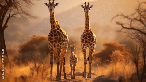 Two giraffes with long necks standing gracefully side by side in a lush green field