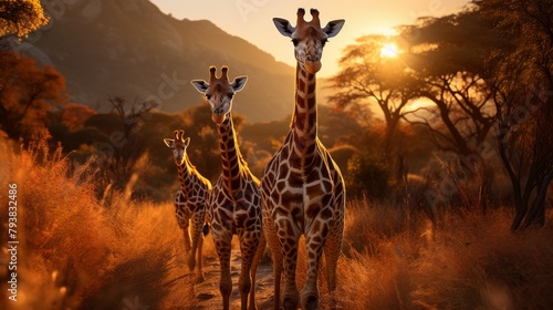 A group of elegant giraffes with long necks and spotted coats standing gracefully in a vast field photo