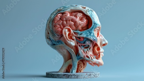 Detailed 3D Model of Human Head with Brain and Other Organs Inside, Anatomical Medical Illustration Concept photo